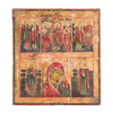 A large six-field icon with Christ's descent into hell and the Kazanskaya Mother of God with silver riza, Russia, 19th century