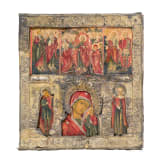 A large six-field icon with Christ's descent into hell and the Kazanskaya Mother of God with silver riza, Russia, 19th century