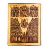 A large, rare Russian icon showing Archangel Michael surrounded by all saints with the Nativity, the Resurrection and the Crucifixion, 19th century