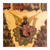 A large, rare Russian icon showing Archangel Michael surrounded by all saints with the Nativity, the Resurrection and the Crucifixion, 19th century