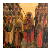 A large, rare Russian icon showing Archangel Michael surrounded by all saints with the Nativity, the Resurrection and the Crucifixion, 19th century