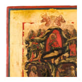 A large, rare Russian icon showing Archangel Michael surrounded by all saints with the Nativity, the Resurrection and the Crucifixion, 19th century