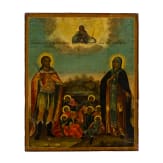 An icon showing Saint Alexander Newski, Saint Eudokia and the seven sleepers of Ephesos, Russia, 19th century