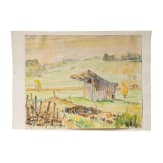 A hay barn in an autumn meadow landscape, watercolour over pencil, 1945