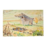 A hay barn in an autumn meadow landscape, watercolour over pencil, 1945