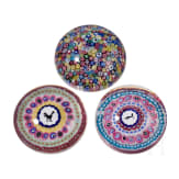 Three Millefiori glass paperweights: zodiac signs, two from "Gridel"-series (pelican and rooster), Baccarat, 1971-1974