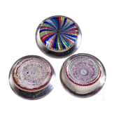 Three Millefiori glass paperweights: zodiac signs, two from "Gridel"-series (pelican and rooster), Baccarat, 1971-1974