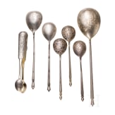 A silver sugar tongs and six spoons, Russia, 1865-1908