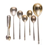 A silver sugar tongs and six spoons, Russia, 1865-1908