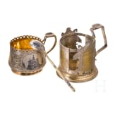 A silver and niello tea glass holder and spoon with Kremlin and another plated tea glass holder, Russia, Moscow, 1875/circa 1880/late 19th century