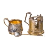 A silver and niello tea glass holder and spoon with Kremlin and another plated tea glass holder, Russia, Moscow, 1875/circa 1880/late 19th century
