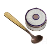 A silver and guilloch&eacute; enamel pill box and a tiny spoon, Denmark (spoon), circa 1920