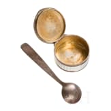 A silver and guilloch&eacute; enamel pill box and a tiny spoon, Denmark (spoon), circa 1920