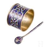 A Champleve enamel napkin ring and spoon, Russia, Moscow, Gustav Klinger/Grachev, circa 1890