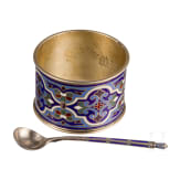 A Champleve enamel napkin ring and spoon, Russia, Moscow, Gustav Klinger/Grachev, circa 1890