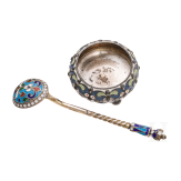A silver and cloisonn&eacute; enamel salt cellar and a spoon, Russia, Moscow, Pavel Ovchinnikov (salt cellar), 1896 - 1908