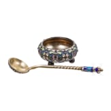 A silver and cloisonn&eacute; enamel salt cellar and a spoon, Russia, Moscow, Pavel Ovchinnikov (salt cellar), 1896 - 1908