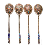 Vier Cloisonn&eacute;-Email Teel&ouml;ffel, Russland, Moskau, Nikolaj N. Swerew, 1898-1908