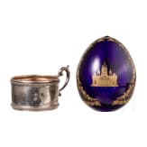 Glas-Ei mit St. Petersburger Ansichten und Teeglashalter, Russland (Ei) / Deutschland Bremen, Wilhelm Binder (Glashalter)