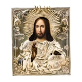 Ikone Christus als Weltenherrscher mit Silberoklad. Russland, 19. Jhdt. (Ikone), Moskau, 1852 (Oklad)