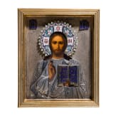 Ikone mit dem Christus Pantokrator mit Cloisonn&eacute;-Email-Oklad, Russland, um 1900 (Ikone), Moskau, 10. Artel, 1908 -1917 (Oklad)