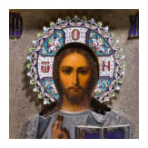 Ikone mit dem Christus Pantokrator mit Cloisonn&eacute;-Email-Oklad, Russland, um 1900 (Ikone), Moskau, 10. Artel, 1908 -1917 (Oklad)