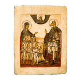Seltene Ikone mit der Heiligen Sophia mit ihrem T&ouml;chtern und dem Heiligen Christophorus Kynokephalos, Russland, 19. Jhdt.