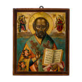 Fein gemalte Ikone mit dem Heiligen Nikolaus von Myra, Russland, 2. H&auml;lfte des 19. Jhdt.