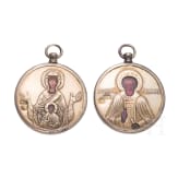 Zwei Miniaturikonen mit der Gottesmutter des Zeichens und dem Heiligen Sergej von Radonesch mit Silberoklad, Russland, St. Petersburg, G. Butenklonner, um 1890
