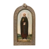 Fein gemalte Ikone mit dem Heiligen Sergej von Radonesch mit Silberbasma, Russland, um 1900 (Ikone), Moskau, Dmitri Lukitsch Smirnow, 1908 - 1917 (Basma)