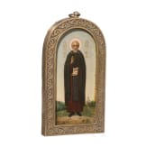 Fein gemalte Ikone mit dem Heiligen Sergej von Radonesch mit Silberbasma, Russland, um 1900 (Ikone), Moskau, Dmitri Lukitsch Smirnow, 1908 - 1917 (Basma)
