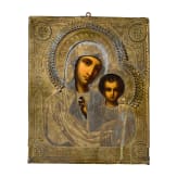 Two icons: the Kazanskaya Mother of God with oklad and menological icon, Russia, 19th century