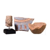 Two fragments of ancient Egyptian pottery and a clay head in Egyptian style from the eastern Mediterranean region, ca. 1350 B.C. &ndash; 6th century B.C.