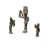 Three small ancient Egyptian figurines, amulets of bronze and fayence from the Late Period and the Hellenistic period, mid-1st millennium B.C. &ndash; 1st century A.D.