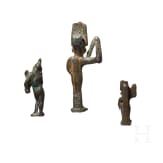 Three small ancient Egyptian figurines, amulets of bronze and fayence from the Late Period and the Hellenistic period, mid-1st millennium B.C. &ndash; 1st century A.D.
