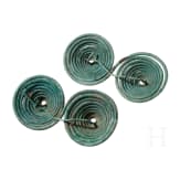 A pair of Early Iron Age bronze fibulae with a double spiral and an olive-green patina, 9th&ndash;8th centuries B.C.