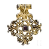 Gold-plated silver pendant with a cross-shaped braided cord, Viking, 10th century.