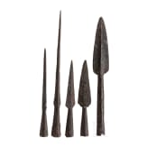 Three iron lanceheads and two lance ferrules, Roman &ndash; Early Medieval, 1st&ndash;10th centuries.