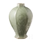 A Chinese hexagonal faceted celadon Meiping vase, probably Ming Dystany
