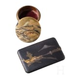 A damascene iron card case and a circular lacquer box, Japan, first half of the 20th century
