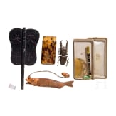 A collection of five objects (fish-shaped inrō case, tortoiseshell etui, gunbai fan, a stag-beetle-shaped bronze box and a kushi and kōgai (comb and hair stick)), Japan, 19th/20th