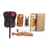 A collection of five objects (fish-shaped inrō case, tortoiseshell etui, gunbai fan, a stag-beetle-shaped bronze box and a kushi and kōgai (comb and hair stick)), Japan, 19th/20th