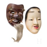 Sechs Masken aus Gusseisen und Holz, Japan, 20. Jhdt.