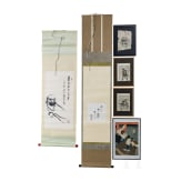 Two Japanese picture rolls and four framed woodcuts, 19th/20th century