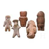 Five Pre-Colombian clay figures, Ecuador, probably 500 - 1500 A.D.