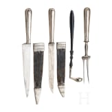 A German three piece silver carving set and a sauce ladle, ca. 1900