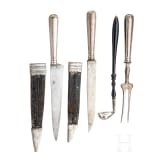 A German three piece silver carving set and a sauce ladle, ca. 1900