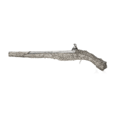 Balkan-Turkish flintlock pistol with silver filigree decoration and powder flask, 20th century, made using old parts