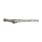 Balkan-Turkish flintlock pistol with silver filigree decoration and powder flask, 20th century, made using old parts