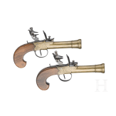 A pair of flintlock pocked pistols with brass blunderbuss barrels, probably from Belgium, circa 1800